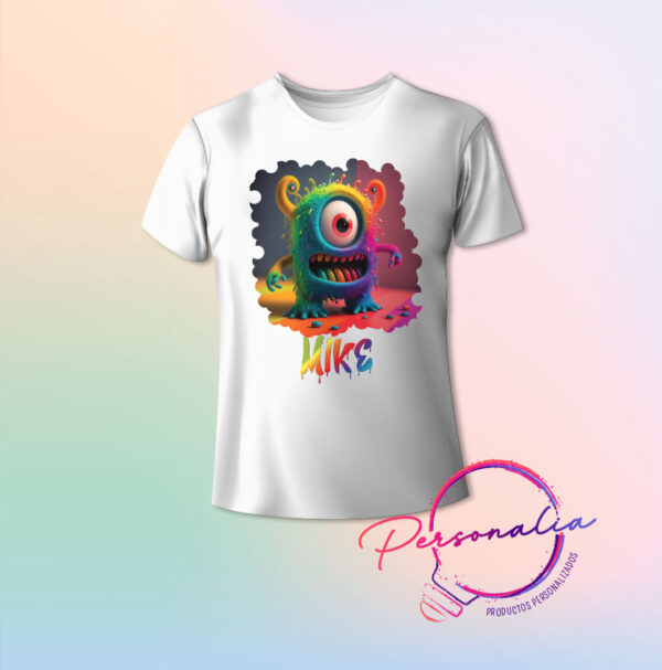 Playera blanca infantil para Halloween con diseño de monstruo de colores.