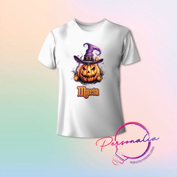 Playera blanca infantil para Halloween con diseño de calabaza.