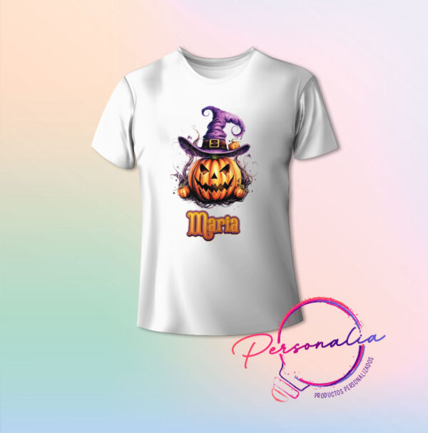Playera blanca infantil para Halloween con diseño de calabaza.