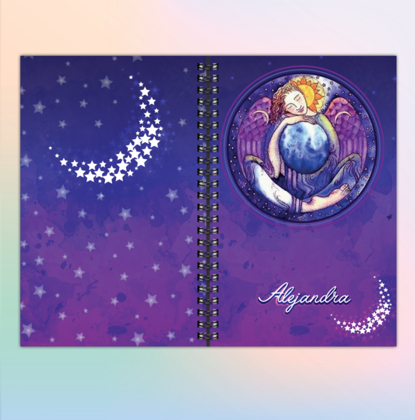 Libreta personalizada con ángel-d- en morada y tapas duras